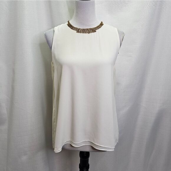 Cache Bead Trim Cream Pleated Sleeveless Blouse Size Small - Picture 1 of 7